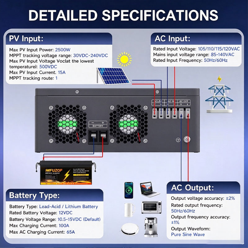MFUZOP 1800W 12V Hybrid Solar  - Lifepo4 Battery 12V 100Ah 评论和价格